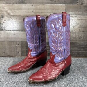 Vintage Botas Patros Leather Cowboy Boots Red Purple Stitch Western Cowgirl 10.5